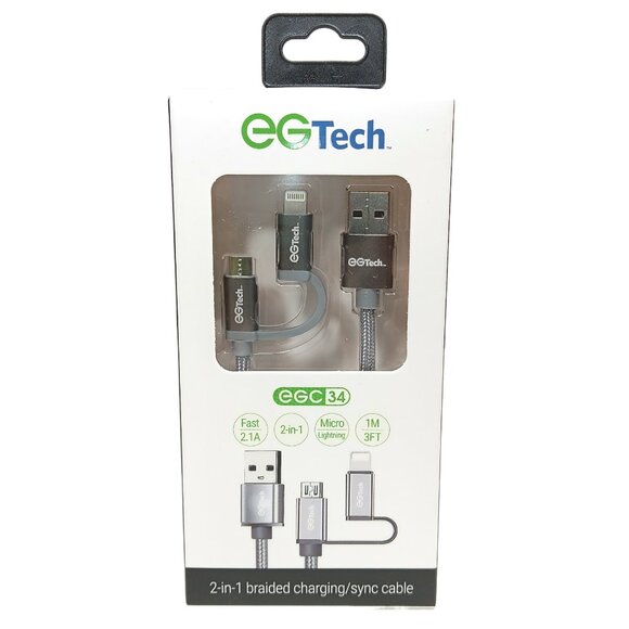EG Tech 2-in-1 Charging Sync Cable Gray Braided 3 ft 2.1A USB Micro-USB Lighting - Picture 1 of 3